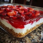 Strawberry pretzel salad with three distinct layers in a glass baking dish showing crunchy pretzel crust bottom, creamy white cream cheese middle layer, and red strawberry gelatin top