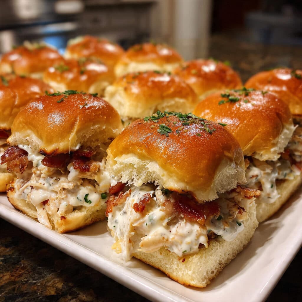 chicken bacon ranch sliders in a baking dish, showing melted cheddar cheese and herb butter topping on Hawaiian rolls
