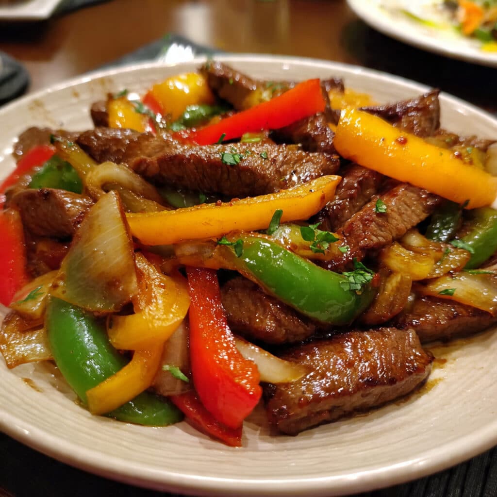 keto beef pepper steak stir-fry with tender sliced beef, red yellow and green bell peppers, garnished with sesame seeds and green onions in a glossy sauce on a white plate