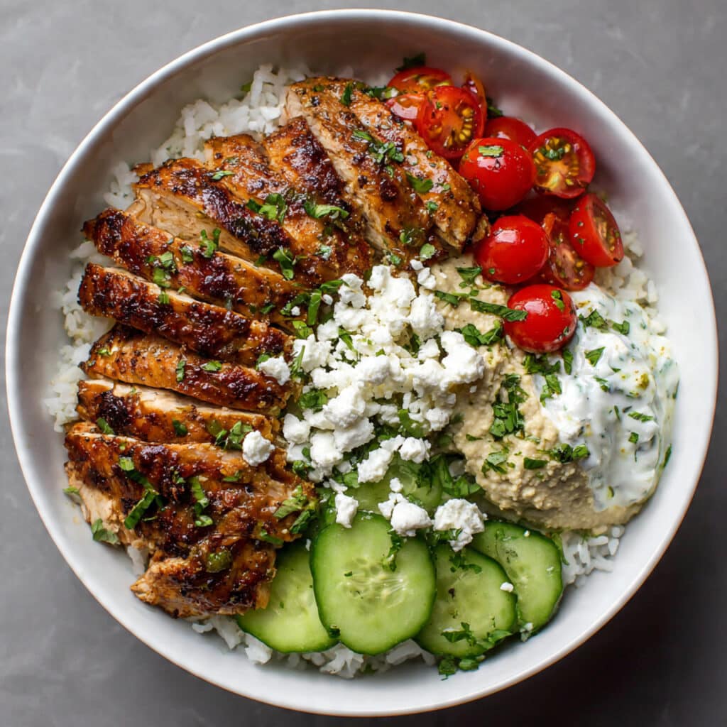 chicken shawarma bowl with sliced marinated chicken, jasmine rice, cherry tomatoes, cucumber, hummus, tzatziki sauce, and fresh parsley garnish