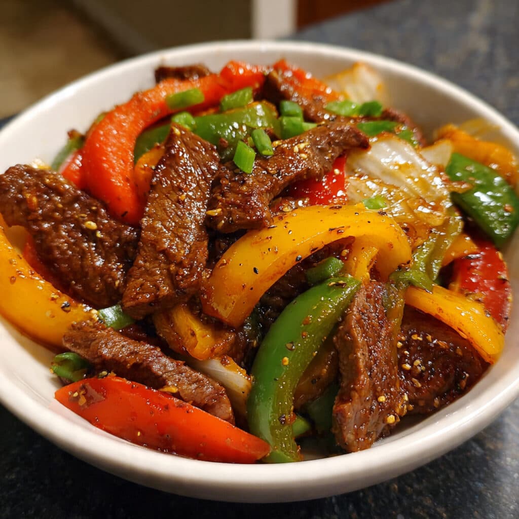 Keto Beef Pepper Steak 8 keto beef pepper steak stir-fry with tender sliced beef, red yellow and green bell peppers, garnished with sesame seeds and green onions in a glossy sauce on a white plate