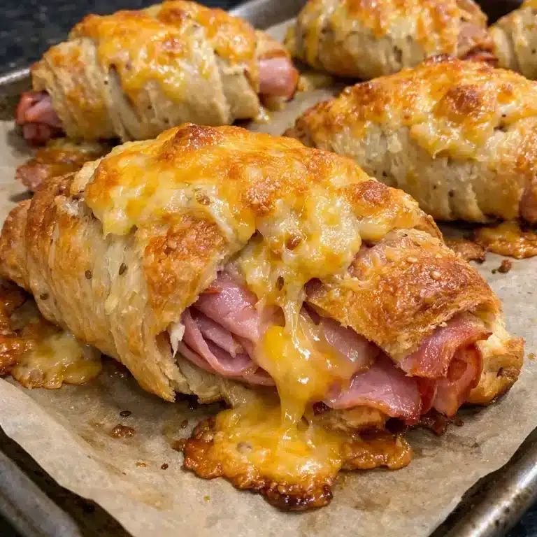 brown baked ham and cheese croissants on a white plate, with melted cheese visible and sesame seeds sprinkled on top
