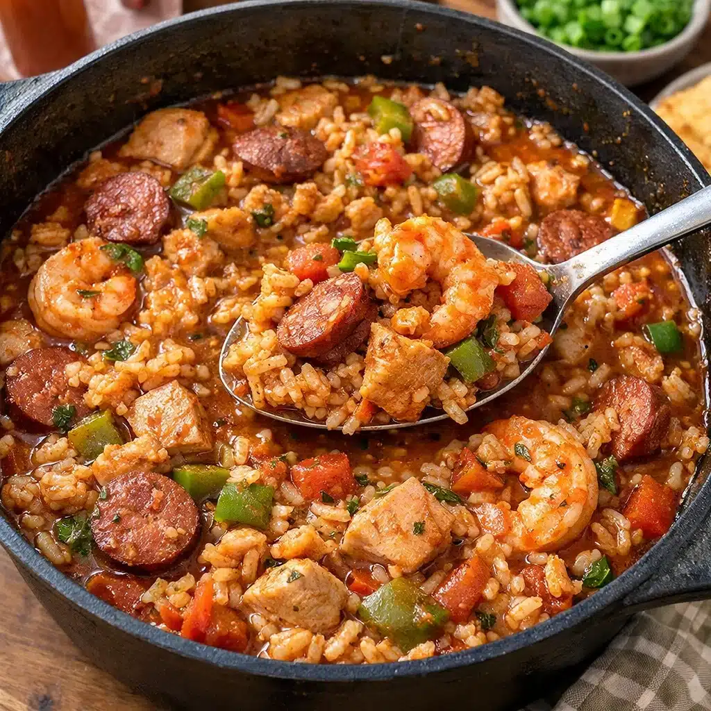 Cajun jambalaya combines smoky andouille sausage, tender chicken, and perfectly seasoned rice in one pot for a flavorful Louisiana
