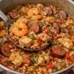 Cajun jambalaya combines smoky andouille sausage, tender chicken, and perfectly seasoned rice in one pot for a flavorful Louisiana