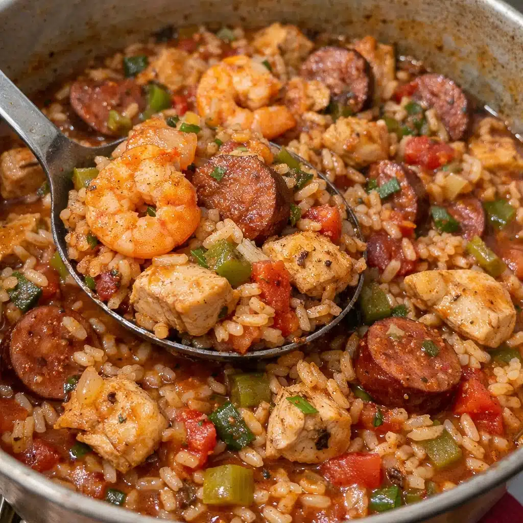 Cajun jambalaya combines smoky andouille sausage, tender chicken, and perfectly seasoned rice in one pot for a flavorful Louisiana