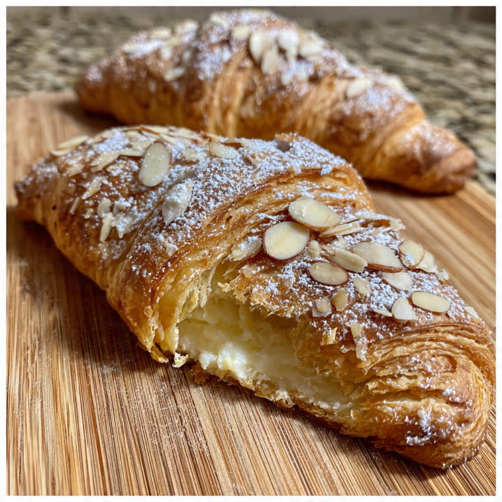 almond croissant filling with smooth, spreadable texture next to sliced croissants and scattered sliced almonds