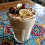 Creamy banana peanut butter coffee smoothie in a tall glass with a striped straw, topped with cacao nibs