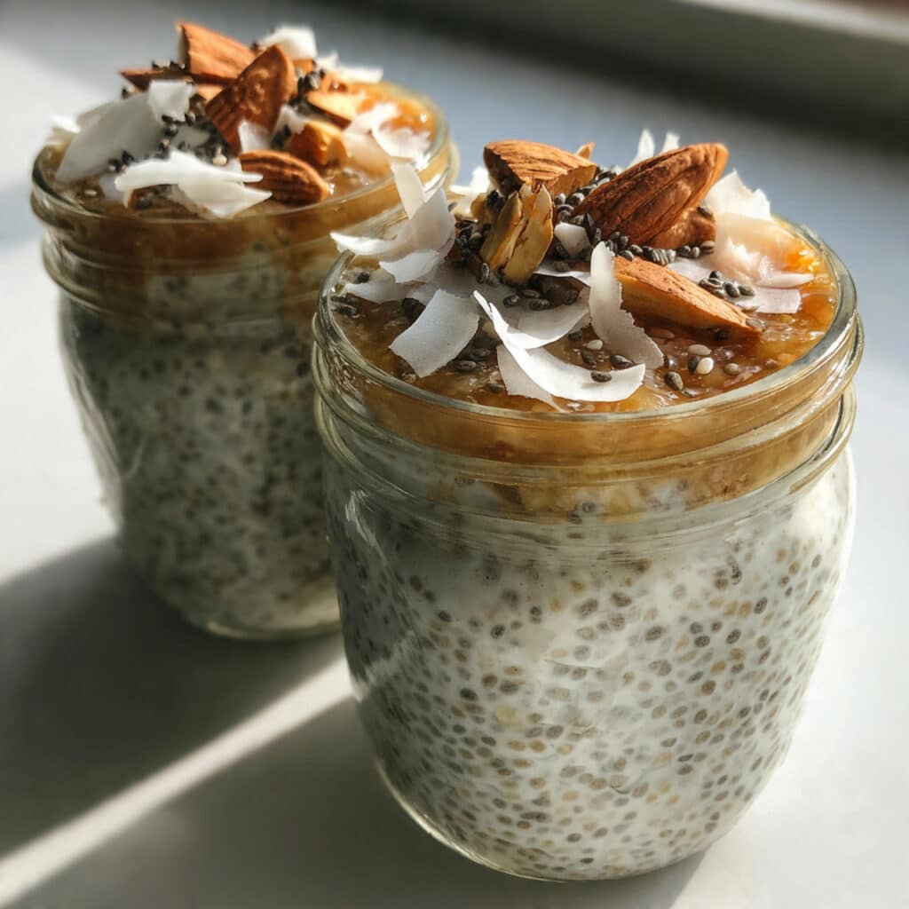 Creamy white coconut chia pudding in a glass bowl topped with fresh berries and toasted coconut flakes