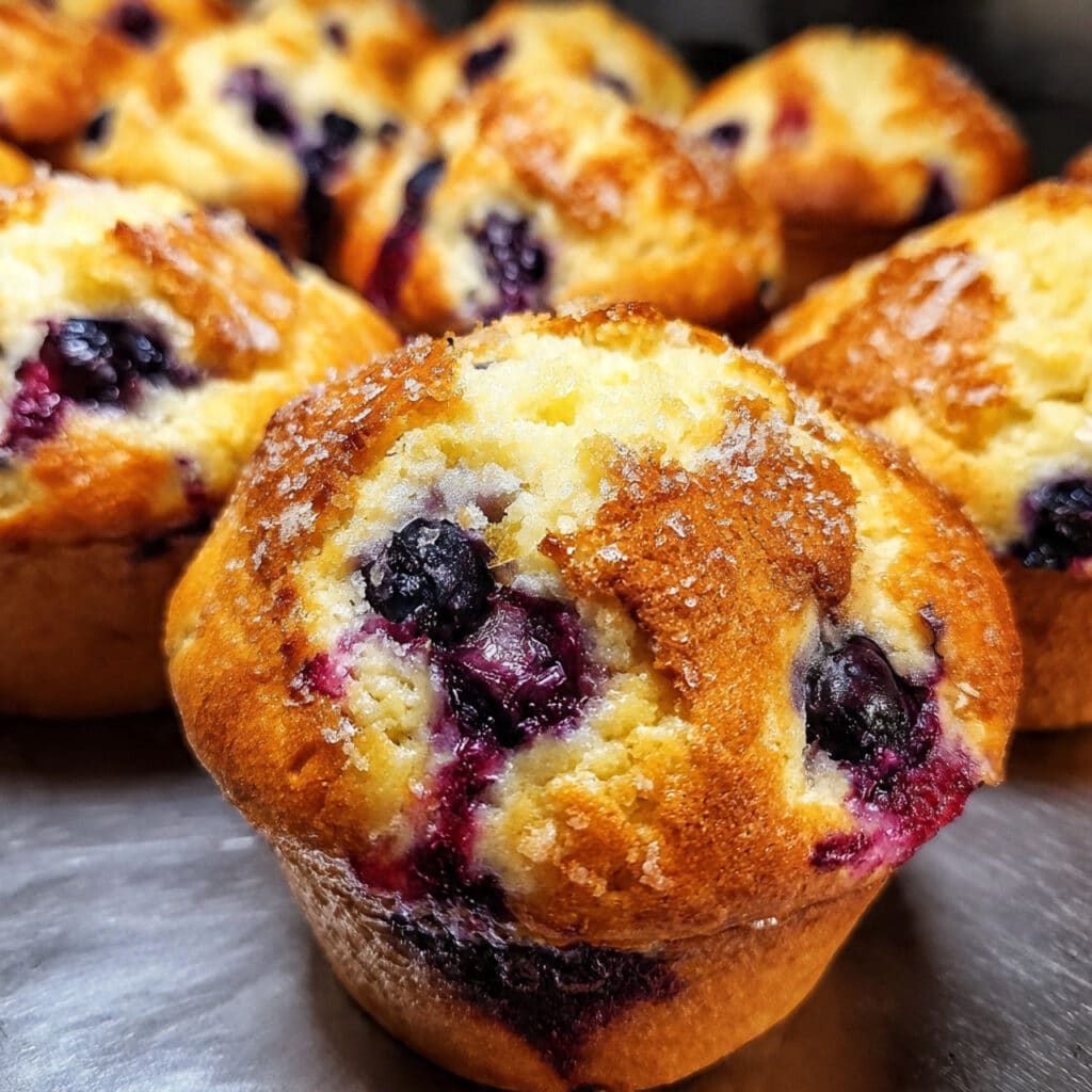 Moist Blueberry Sour Cream Muffins with bakery-style domes in just 30 minutes! Full-fat sour cream creates an incredibly tender crumb