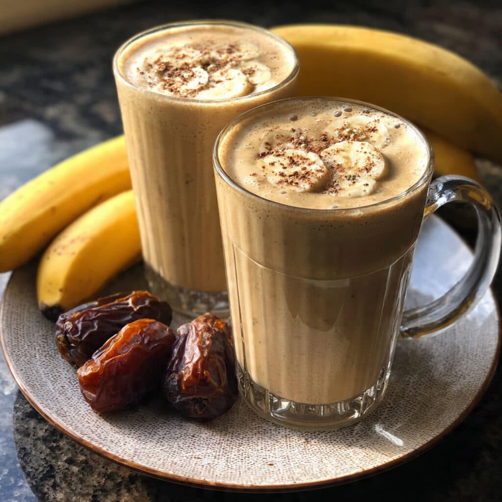 Creamy banana peanut butter coffee smoothie in a tall glass with a striped straw, topped with cacao nibs