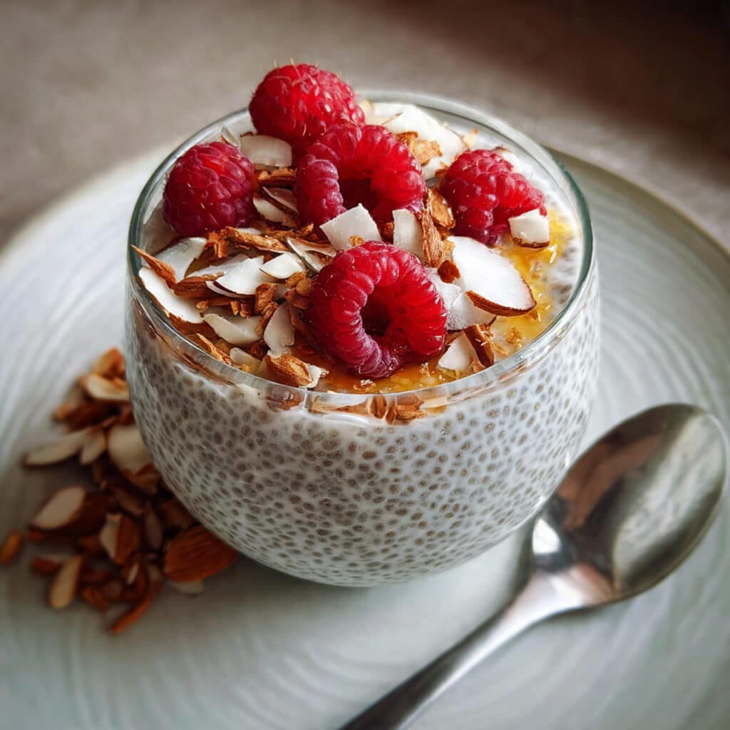 Creamy white coconut chia pudding in a glass bowl topped with fresh berries and toasted coconut flakes
