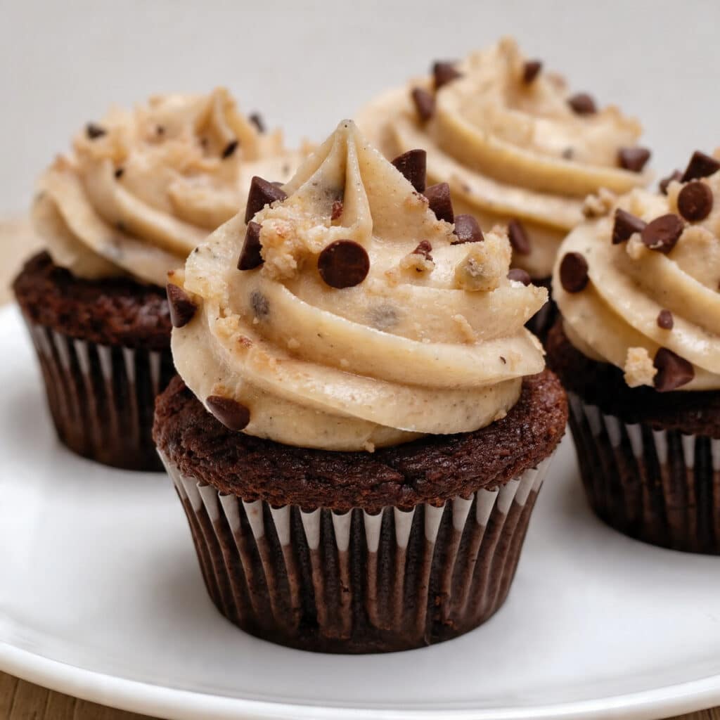 : Chocolate Cookie Dough Cupcakes feature rich, moist chocolate cupcakes topped with creamy, edible cookie dough frosting loaded with mini chocolate chips