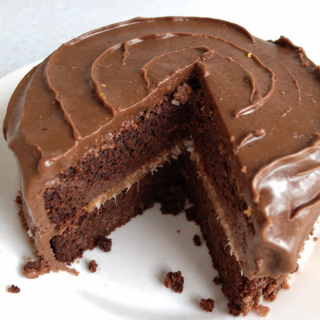 moist chocolate coconut cake with three layers, sweet coconut filling, and chocolate frosting. Perfect celebration cake that stays moist for days!