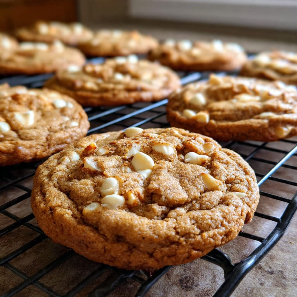 Stack of brown butter dirty chai cookies with white chocolate chips showing chewy texture and golden brown edges
