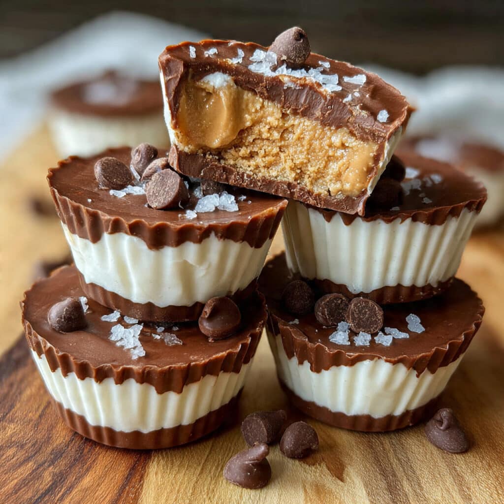 Greek yogurt peanut butter frozen cups with chocolate shell coating, stacked and ready to serve on a white plate