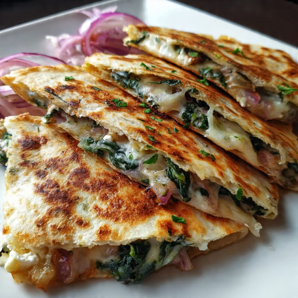 Golden crispy quesadilla cut into wedges showing melted cheese and colorful vegetable filling with spinach, tomatoes, and red onions on a white plate