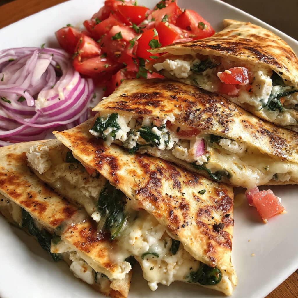 Golden crispy quesadilla cut into wedges showing melted cheese and colorful vegetable filling with spinach, tomatoes, and red onions on a white plate