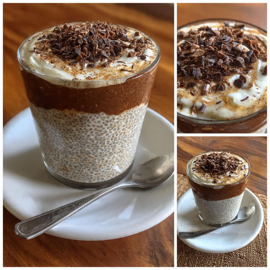 Layered tiramisu chia pudding showing alternating layers of coffee chia pudding and creamy yogurt