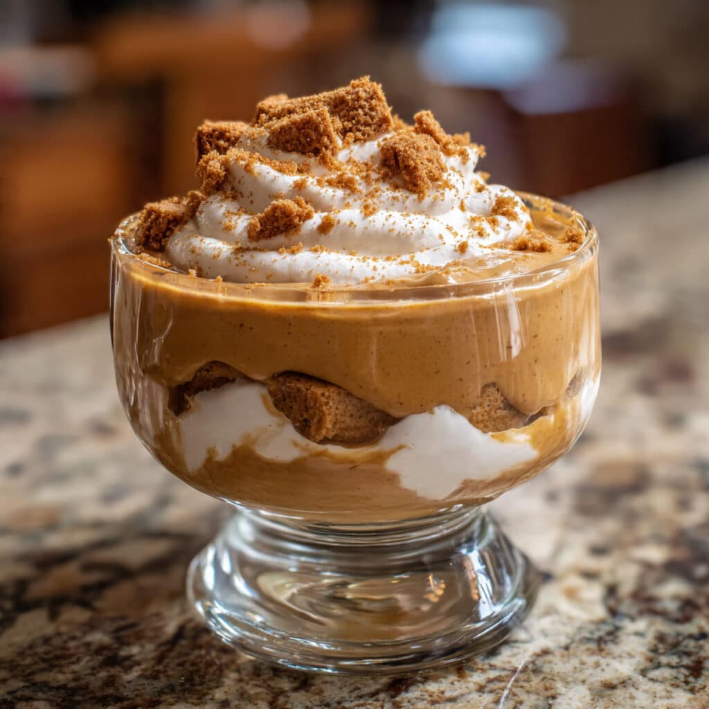 Creamy Biscoff pudding served in clear glasses with smooth swirl top and spoon lifting thick caramel-colored pudding