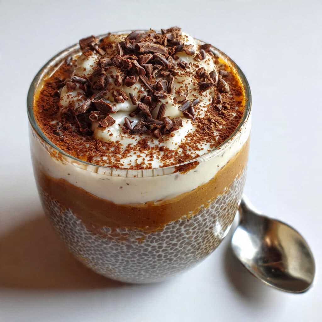 Layered tiramisu chia pudding showing alternating layers of coffee chia pudding and creamy yogurt