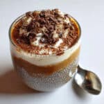 Layered tiramisu chia pudding showing alternating layers of coffee chia pudding and creamy yogurt