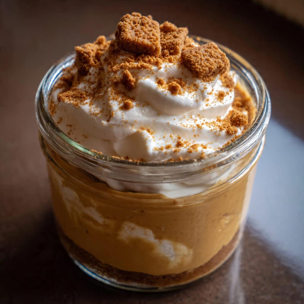 Creamy Biscoff pudding served in clear glasses with smooth swirl top and spoon lifting thick caramel-colored pudding