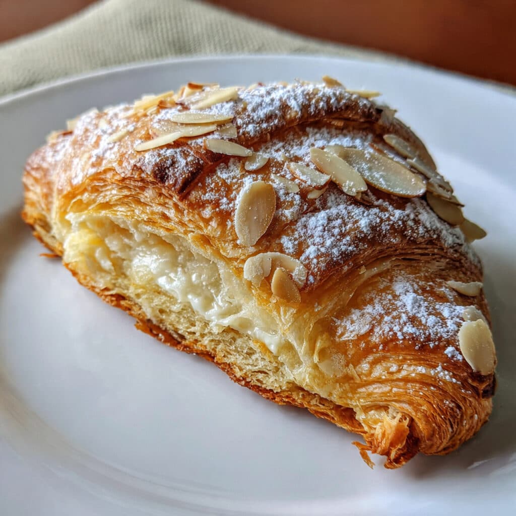 almond croissant filling with smooth, spreadable texture next to sliced croissants and scattered sliced almonds