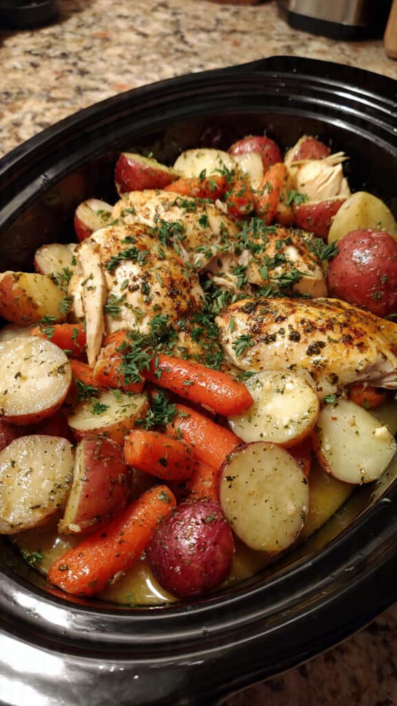 Crock Pot Garlic Butter Chicken with Potatoes and Carrots