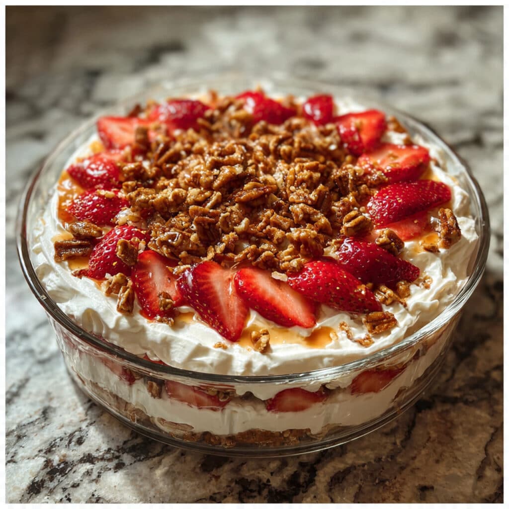 Bowl of strawberry crackle salad with creamy white filling, fresh red strawberries, and golden caramelized pretzel pecan crunch on top