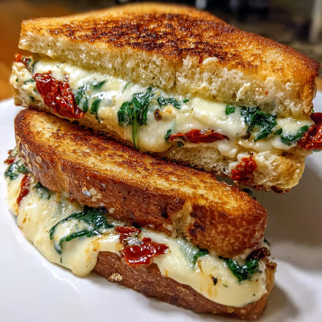 Sun Dried Tomato Spinach and Ricotta Grilled Cheese elevates the classic comfort food with creamy ricotta, sweet sun-dried tomatoes, fresh spinach, and gooey melted mozzarella between golden, buttery bread