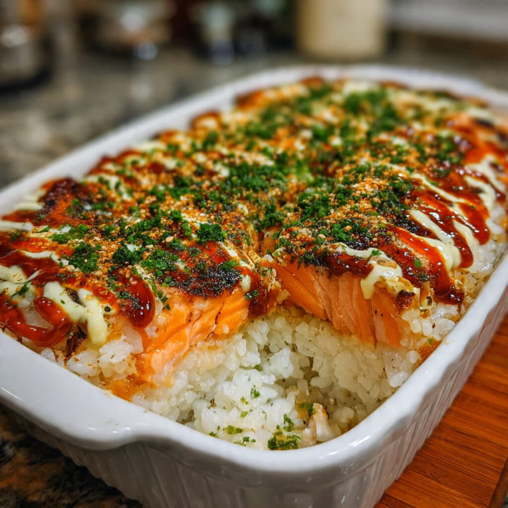 Spicy salmon sushi bake in a white baking dish topped with furikake, green onions, and drizzled with eel sauce and spicy mayo, served with roasted seaweed sheets