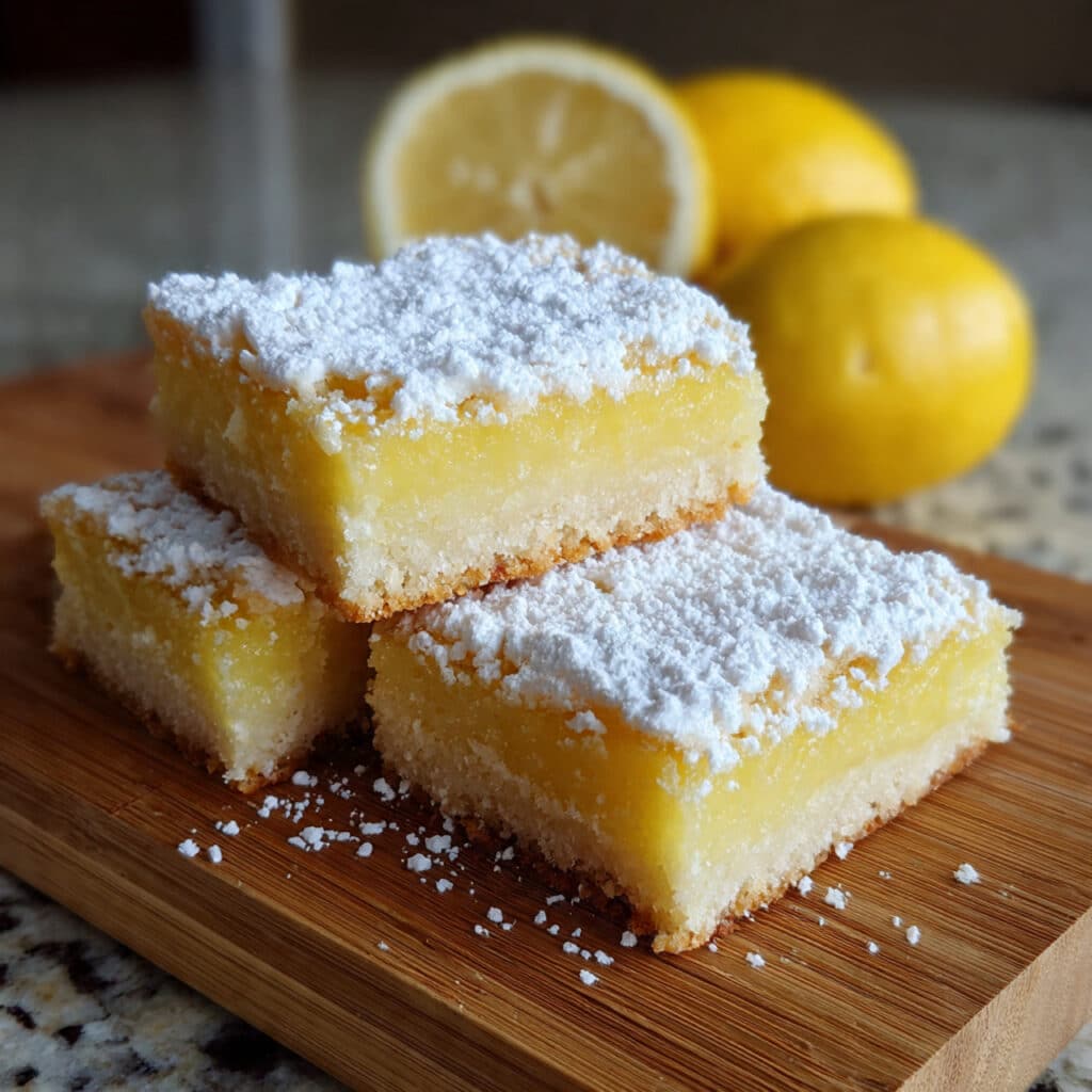 lemon bars dusted with powdered sugar, cut into squares and arranged on a white serving platter, showing the buttery shortbread crust and bright yellow lemon custard filling.