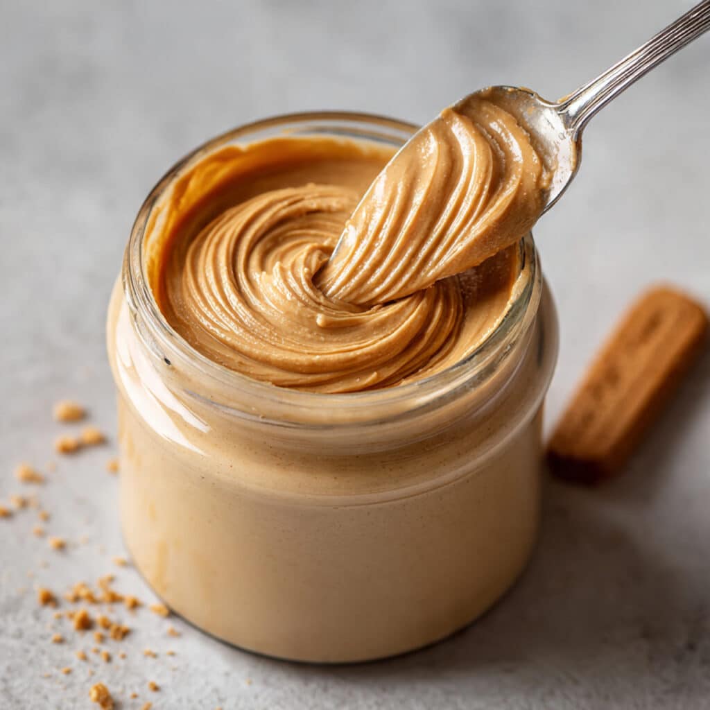 Biscoff cookie butter with creamy spreadable texture made from crushed cookies