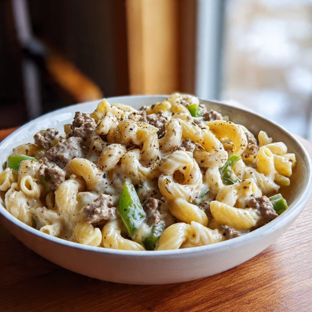 High Protein Philly Cheesesteak Mac
