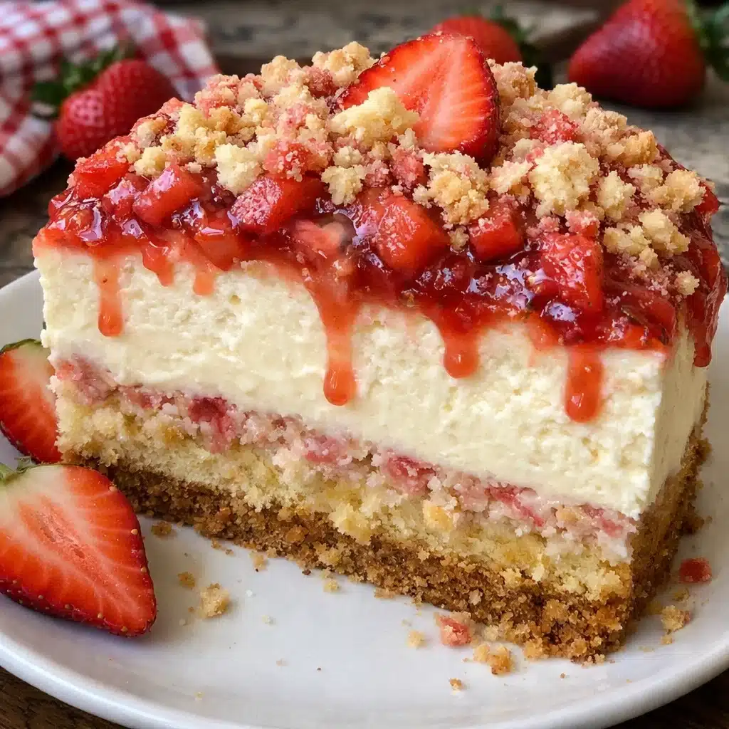 strawberry shortcake cheesecake on a white plate, topped with fresh sliced strawberries, whipped cream, and a sprig of mint.