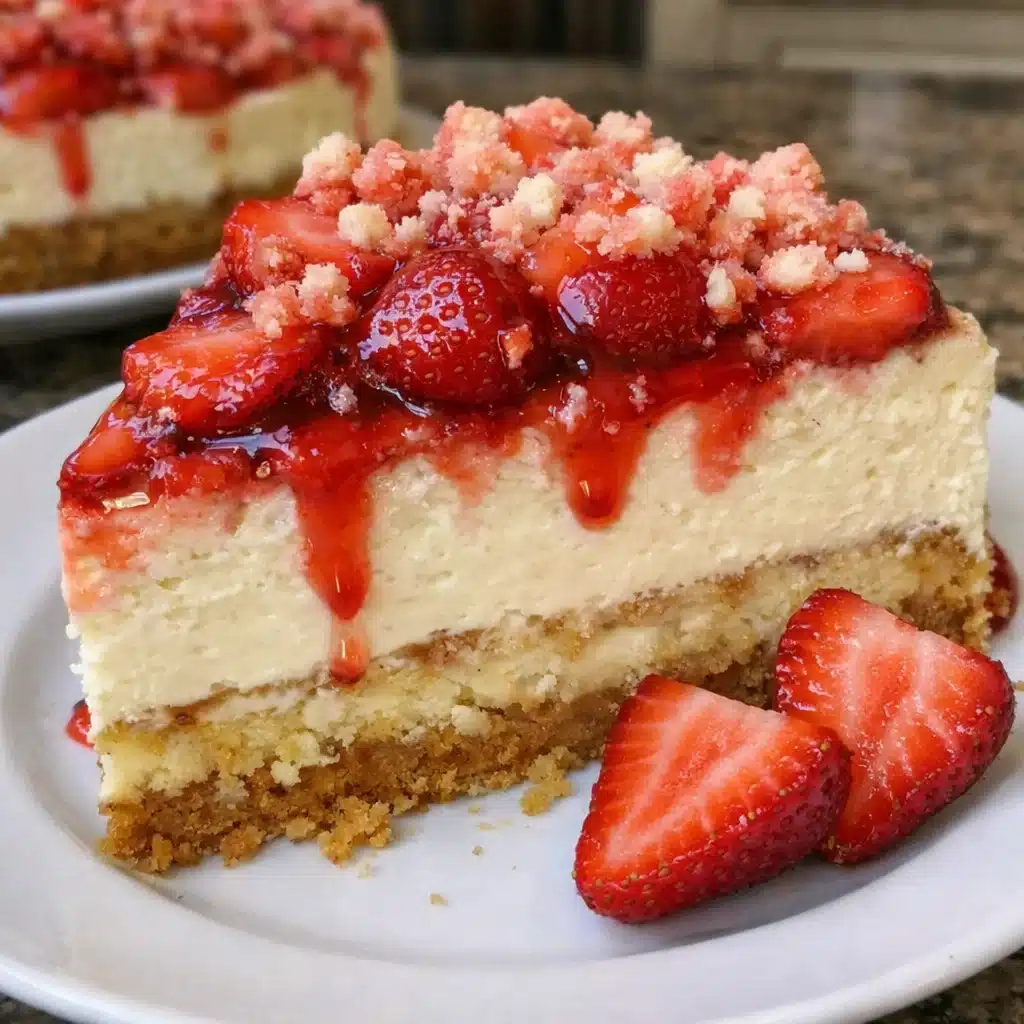 strawberry shortcake cheesecake on a white plate, topped with fresh sliced strawberries, whipped cream, and a sprig of mint.