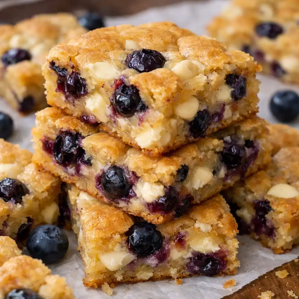 Square white chocolate blueberry blondies on a white plate showing golden edges, melted white chocolate throughout, and fresh blueberries baked into chewy bars