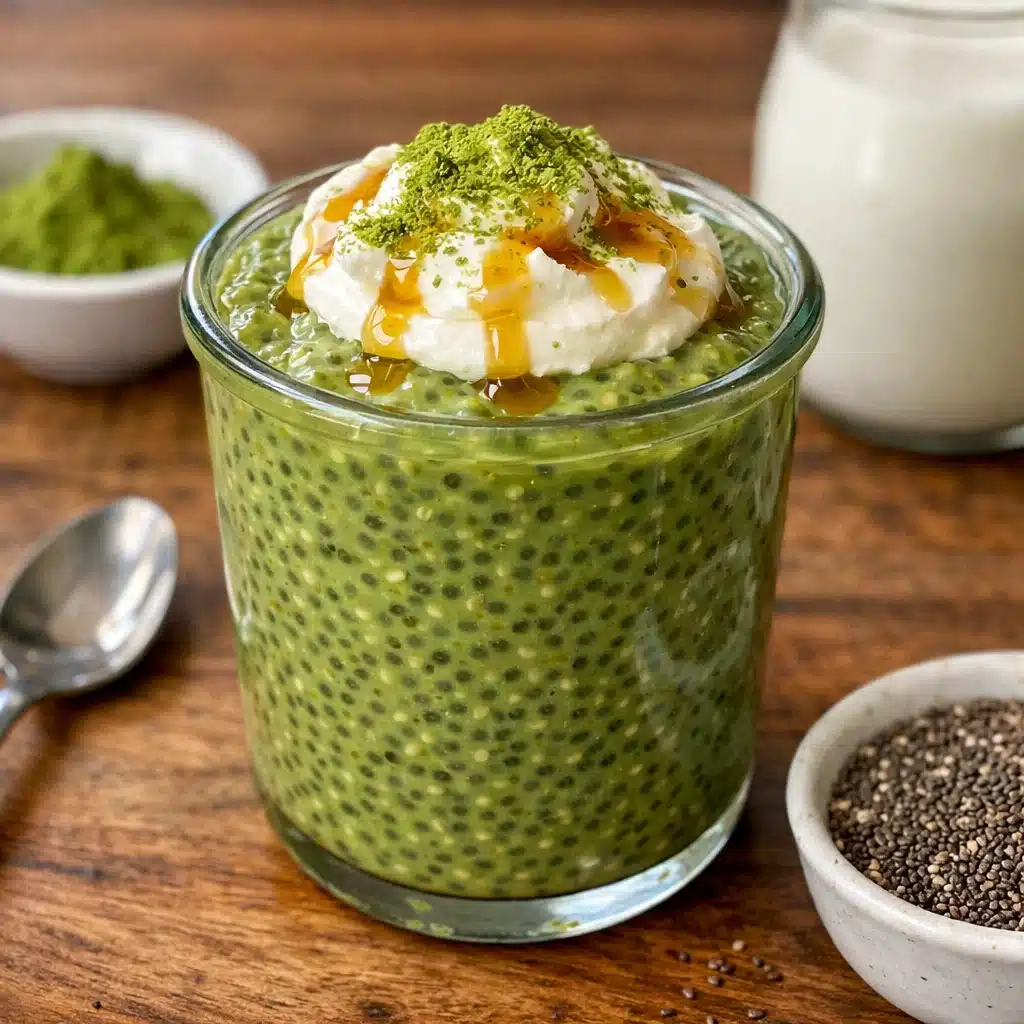green matcha chia pudding in a glass mason jar topped with fresh raspberries, sliced banana, chopped almonds, and a sprinkle of granola on a white marble countertop