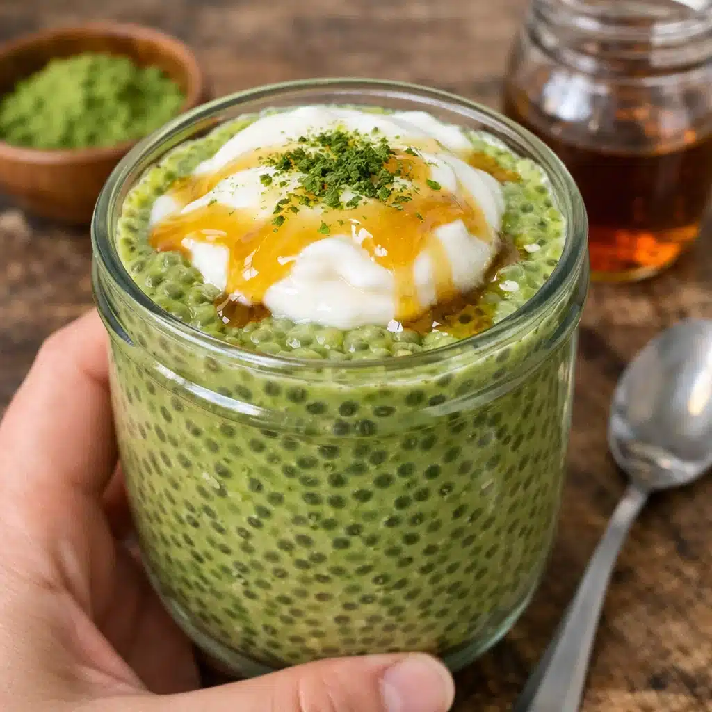 green matcha chia pudding in a glass mason jar topped with fresh raspberries, sliced banana, chopped almonds, and a sprinkle of granola on a white marble countertop