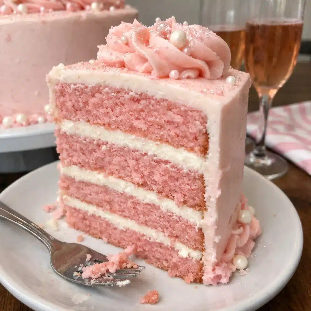 A three-layer pink champagne cake with smooth buttercream frosting, decorated with edible sparkles and pink sanding sugar on a white cake stand