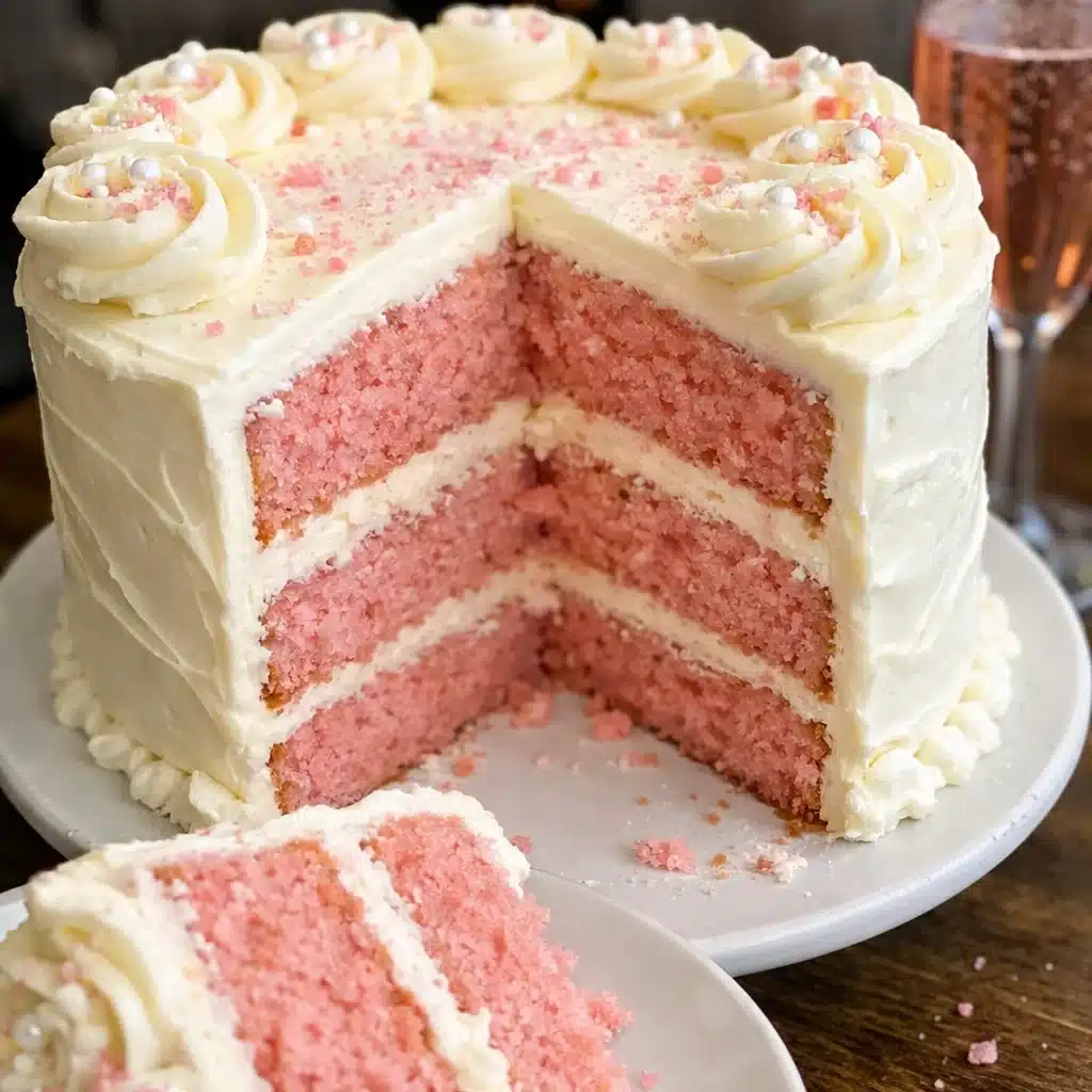 A three-layer pink champagne cake with smooth buttercream frosting, decorated with edible sparkles and pink sanding sugar on a white cake stand