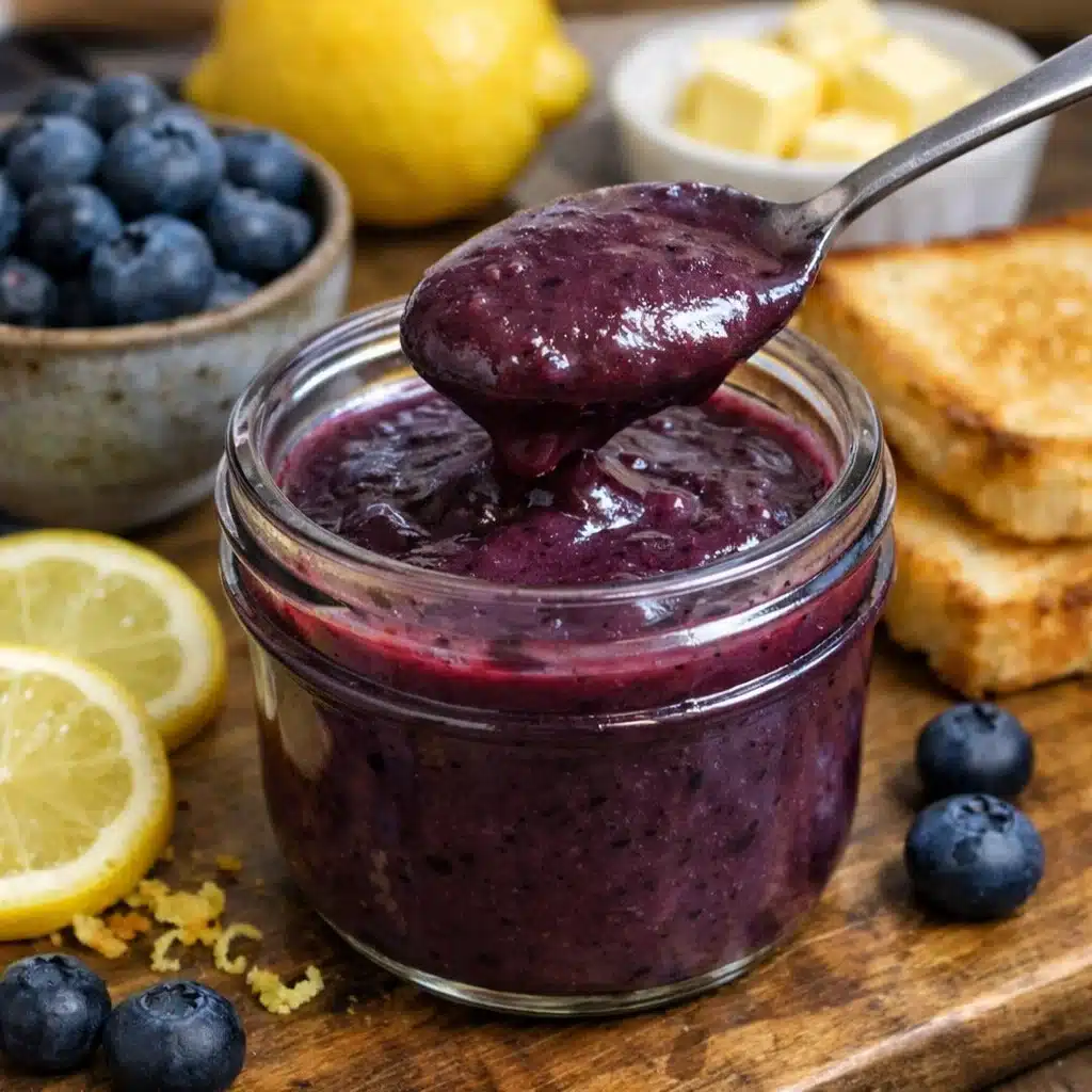 Smooth, vibrant purple blueberry curd in a glass jar with fresh blueberries scattered nearby and a spoon
