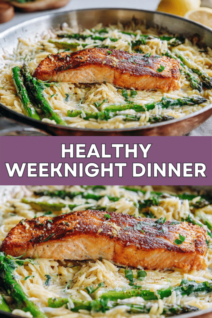 Lemon Garlic Orzo with Salmon and Asparagus