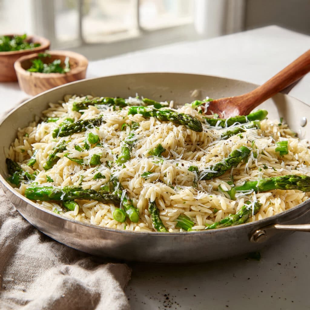 Realistic smartphone photo of homemade asparagus and Parmesan orzo served in a large shallow skillet on a light kitchen counter. Creamy orzo pasta mixed with tender asparagus pieces and generously sprinkled with freshly grated Parmesan cheese. One portion slightly scooped from the side of the skillet, revealing the creamy texture underneath with a few grains of orzo scattered naturally along the rim for realism. The asparagus is bright green with slightly roasted tips and cut into bite-sized pieces throughout the pasta. The Parmesan appears freshly grated, lightly melting into the warm orzo with a soft, slightly uneven texture — not overly perfect or heavily styled. The orzo looks creamy yet fluffy, with visible grains coated in a light buttery sauce. A few flecks of black pepper and chopped parsley are scattered on top for a natural finish. Soft natural window light coming from the side, creating gentle shadows and warm, true-to-life tones. Shot from a slightly overhead angle to clearly show the texture of the orzo and vibrant asparagus. Background softly blurred kitchen setting with a neutral linen cloth and subtle countertop details. No commercial styling, no perfect symmetry — authentic homemade asparagus and Parmesan orzo with natural imperfections.