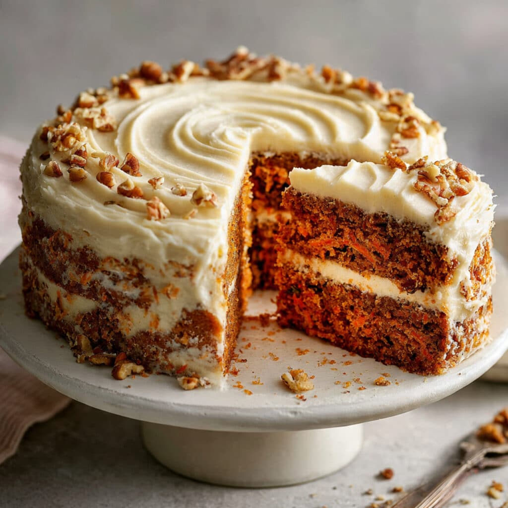Realistic smartphone photo of homemade brown butter carrot cake with cream cheese frosting served on a simple white ceramic cake stand on a light kitchen counter. A rustic two-layer carrot cake fully frosted with thick cream cheese frosting, spread in soft, slightly uneven swirls with visible spatula marks. The sides are generously coated with frosting, giving the cake a rich, homemade look rather than a perfectly smooth bakery finish. The top frosting has wide circular swirls and a few small ridges from the spatula. One slice has been cut and pulled slightly forward onto the cake stand, revealing the moist interior crumb with visible grated carrot pieces and tiny flecks of spices. The cake layers appear deep golden-brown from the brown butter, with a soft, tender texture. A few crumbs and a small smear of frosting sit on the cake stand where the slice was removed for realism. The frosting looks thick, creamy, and slightly glossy with natural imperfections. A light sprinkle of chopped walnuts or pecans is scattered on top and around the base of the cake. Soft natural window light coming from the side, casting gentle shadows and warm, true-to-life tones. Shot from a slightly overhead angle to clearly show the cake layers, frosting texture, and the served slice. Background softly blurred kitchen setting with a neutral linen cloth and subtle countertop details. No commercial styling, no perfect symmetry — authentic homemade brown butter carrot cake with cream cheese frosting and natural imperfections