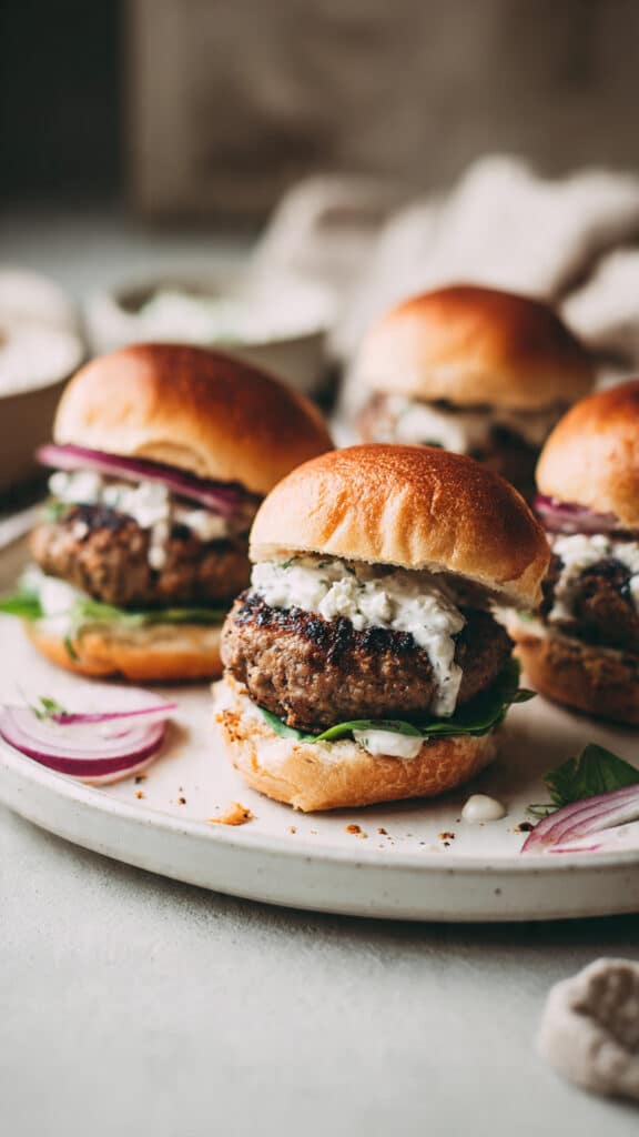 Flavorful Ground Lamb Sliders with Feta Sauce