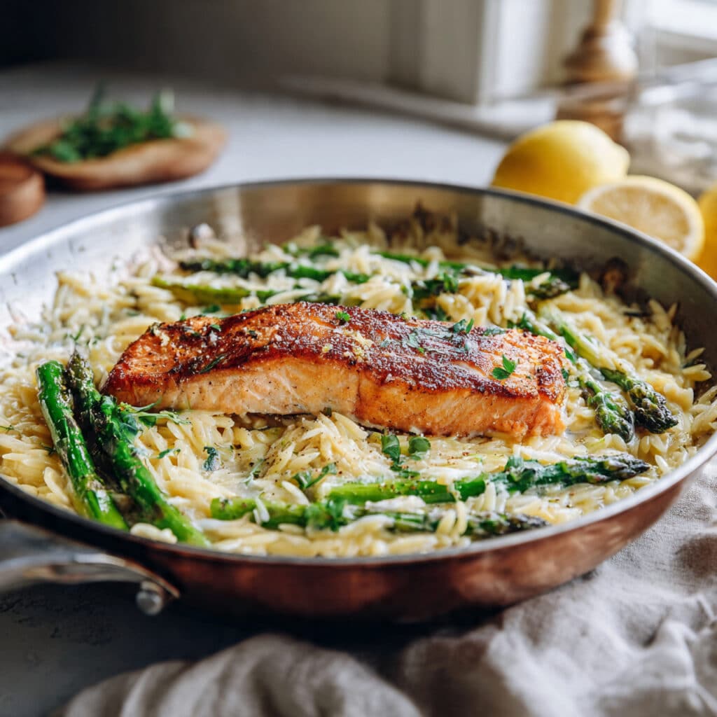Lemon Garlic Orzo with Salmon and Asparagus