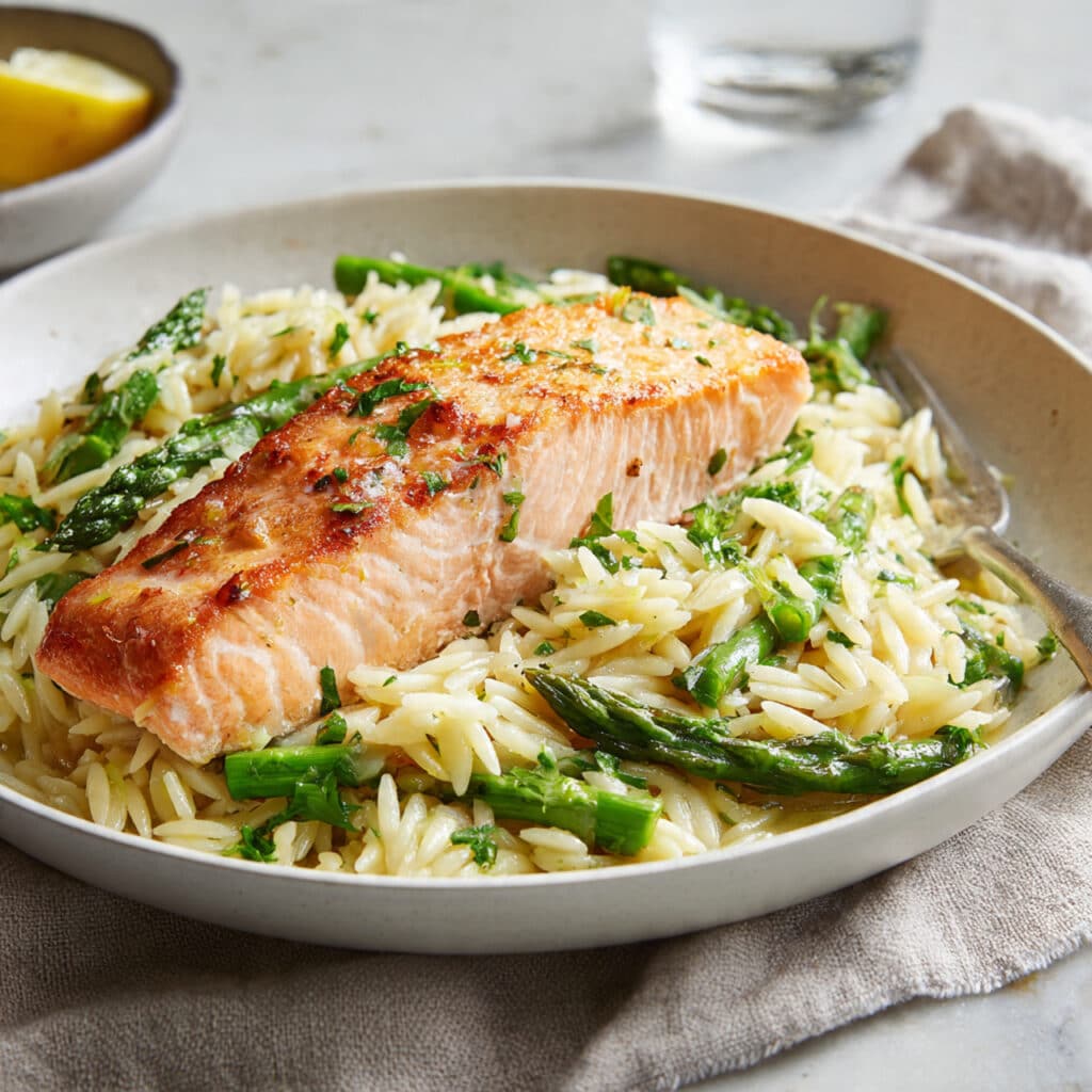 Lemon Garlic Orzo with Salmon and Asparagus