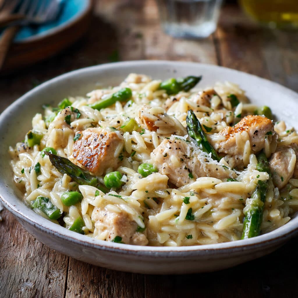 Parmesan orzo with chicken and asparagus