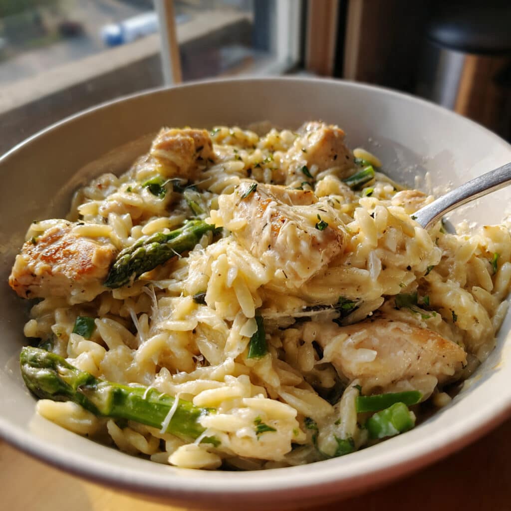 Parmesan orzo with chicken and asparagus